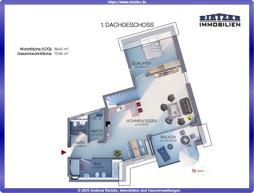 ARI-9259-DG-1 - Lichtdurchflutete. individuelle u. geräumige DG.3 Zi.- Whg. + Terrasse + Galerie